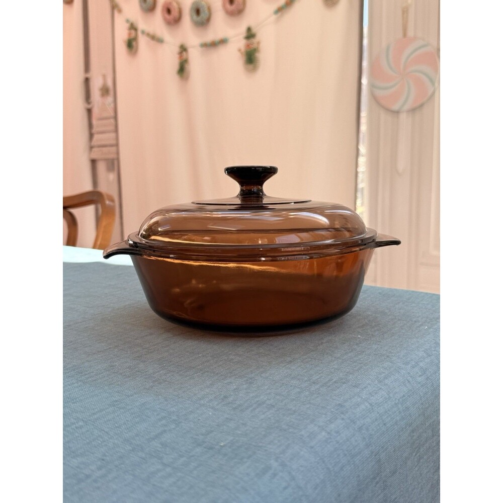 Anchor Hocking 8” 1.5 QT Round Casserole Dish Amber Brown w/ Lid Vtg 437
